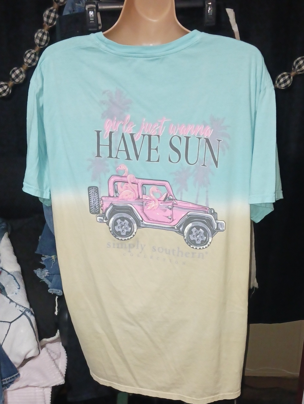 Simply Southern Aqua & Cream 'Girls Just Wanna Have Sun' Tee with Pink Jeep